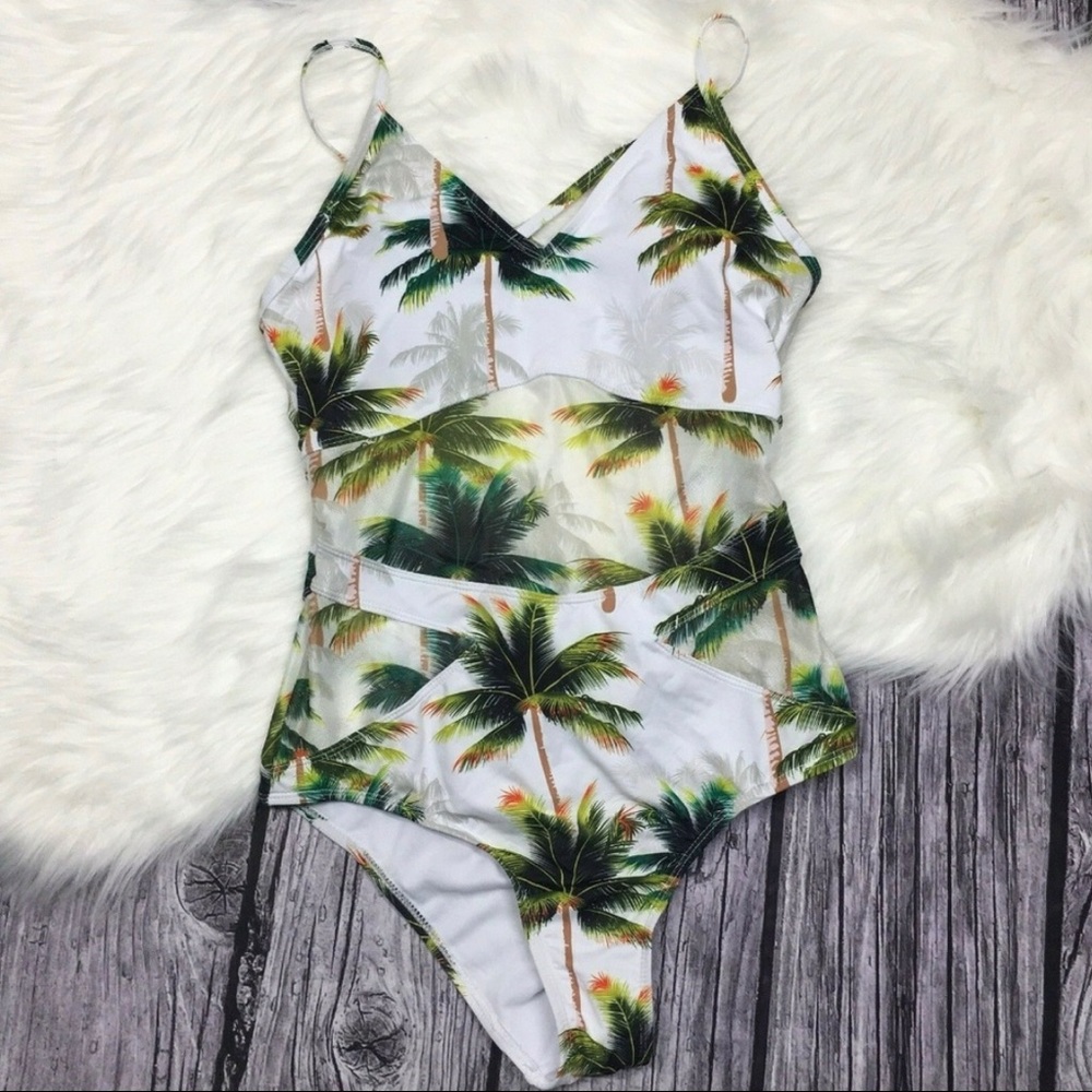 Palm Tree Mesh Detail Womens One Piece Swimsuit M